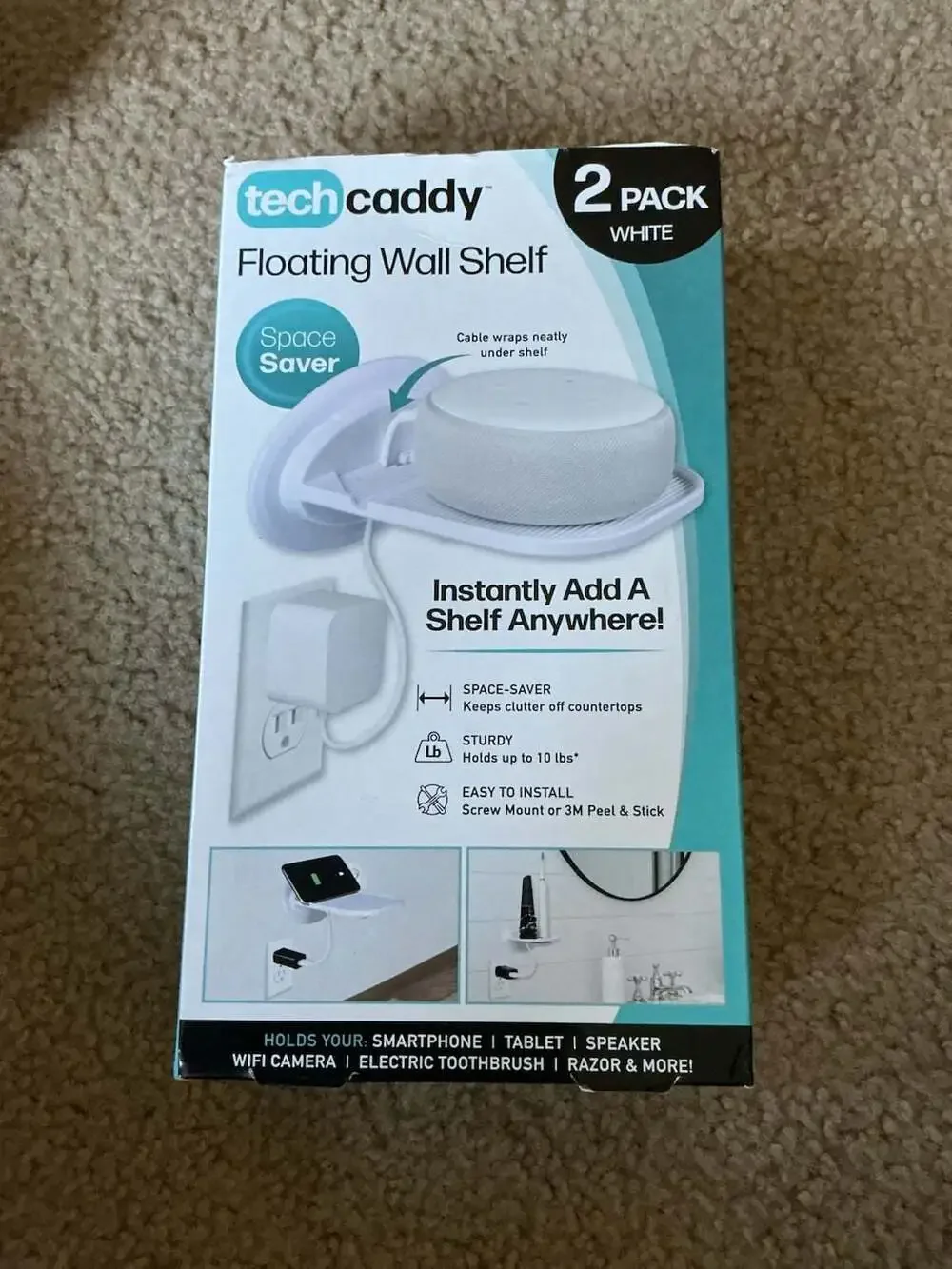 Tech Caddy Floating Wall Shelf 2 Pack White Space Saver Smart Device Holder